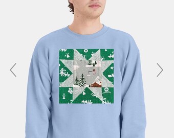 Christmas Quilt Block Sweatshirt Penguin Fishing