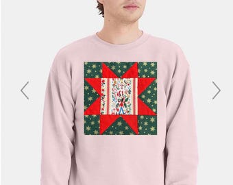 Christmas Quilt Block Sweatshirt Nutcracker and Green Stars