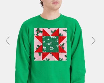 Christmas Quilt Block Sweatshirt Vintage Toys and Holly Berries