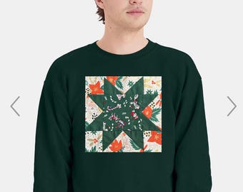 Christmas Quilt Block Sweatshirt Vintage Green with Orange Florals