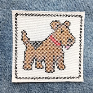 Airedale Terrier Puppy Dog Animal Edgy Embroidered Cross Stitch Pixel Art Jacket Iron-On Patch