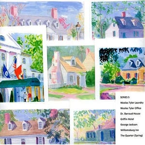 May include: A watercolor painting of a series of historic buildings in Williamsburg, Virginia. The buildings are painted in a variety of colors, including white, yellow, and red. The painting is titled "SERIES S" and includes the names of the buildings, including "Nicolas Tyler Laundry", "Nicolas Tyler Office", "Dr. Barraud House", "Griffin Hotel", "George Jackson", "Williamsburg Inn", and "The Quarter (Spring)".