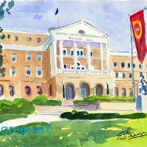 May include: Watercolor painting of a large brick building with a red flag with a white emblem. The building has a white portico with columns and a sign that reads "Bacchus Hall".