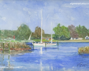 May include: Watercolor painting of a sailboat docked on a blue body of water. The artwork features a white sailboat with two masts, green trees, and a blue sky. The painting has a serene and peaceful atmosphere.