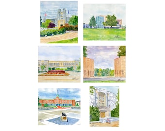 Independent Artist's Impressions of VA Tech-Blacksburg, VA. Note Cards, Giclée Prints, and Collages Available.