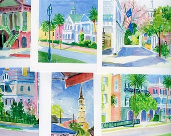 Charleston SC Note Cards with Envelopes (Watercolor Series). 6 Cards, Blank Inside. Description on Back. Giclée Prints Available.