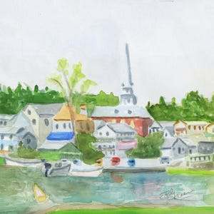 May include: Watercolor painting of a coastal town with a church steeple. The buildings are painted in shades of gray, red, and yellow, with green trees in the background. Boats are docked in the water in the foreground.