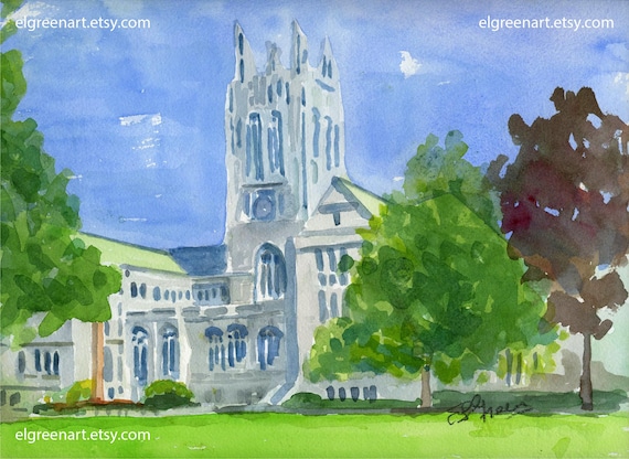 Independent Artisr’s Watercolor of Gasson Hall at Boston College (Chestnut Hill, Newton, MA). Matted 11x14. Giclée Prints Available.