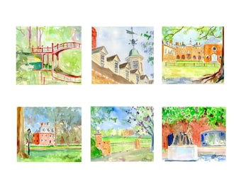 Independent Artist’s Impressions of College of William and Mary (W&M) Campus-Williamsburg, VA. Note Cards,Giclée Prints, and Collage.
