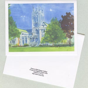 May include: Watercolor painting of Gasson Hall at Boston College, set against a blue sky. The artwork features a detailed depiction of the building's architecture, surrounded by green trees and grass. The card includes text: Gasson Hall-Boston College, elgreenart.etsy.com.