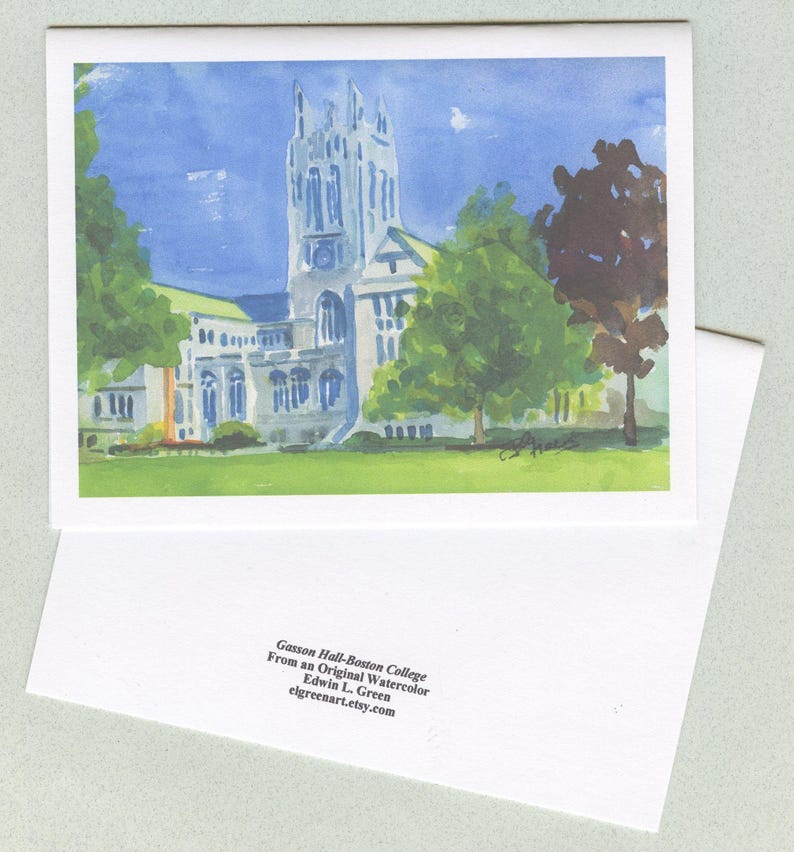 May include: Watercolor painting of Gasson Hall at Boston College, set against a blue sky. The artwork features a detailed depiction of the building's architecture, surrounded by green trees and grass. The card includes text: Gasson Hall-Boston College, elgreenart.etsy.com.