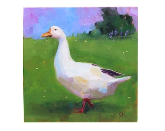 Origineel eend-olieverfschilderij handgeschilderde witte eend in landschapskunst, 4 x 4"