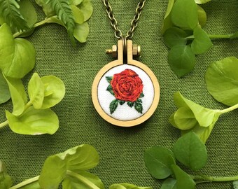 Hand Embroidered Rose Pendant// Silk Embroidery June Birthflower//Red Rose