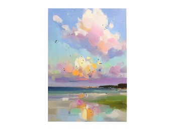 Paesaggio con nuvole arcobaleno / Stampa su tela su legno / Dettagli dipinti a mano / 5"x7"