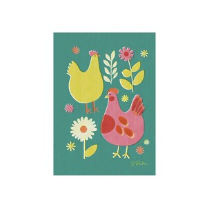 Stampa artistica con illustrazione di polli retrò - Stampa moderna di metà secolo