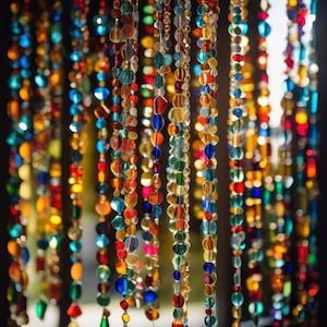Sun Catcher Bead Curtain 48&quot; Window handmade unique strands Light refracting color glass, gem, metal, upcycled vintage Bohemian decor
