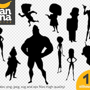 May include: Ten black and white silhouette illustrations of various characters, including a superhero, a woman, a man, and a child. The illustrations are set against a transparent background.