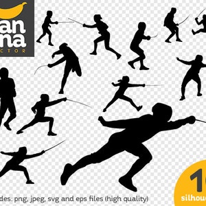 May include: Ten black silhouettes of fencers in various poses, holding fencing swords. The silhouettes are on a transparent background.