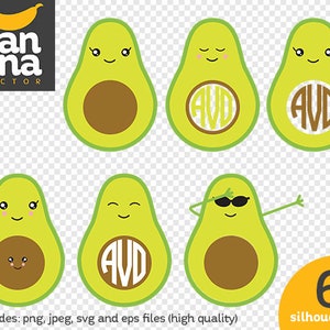 May include: Six digital illustrations of avocados with different expressions. Some avocados have a monogram in the center. The text "6 silhouettes" is in the bottom right corner.