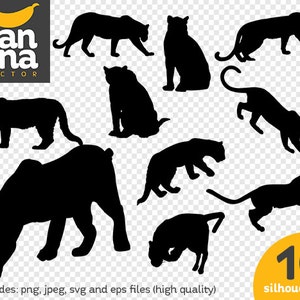 Könnte beinhalten: Eine Sammlung von zehn schwarzen Panther-Silhouetten in verschiedenen Posen. Das Bild enthält den Text "banana vector" und "10 Silhouetten". Die Dateiformate sind PNG, JPEG, SVG und EPS.