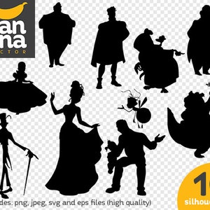 May include: Ten black silhouette images of various characters, including a princess, a prince, a bug, a man with a cane, and a woman in a dress. The silhouettes are on a transparent background.