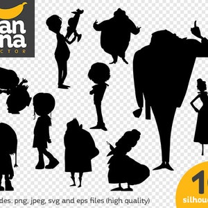 May include: Ten black silhouette images of various characters, including a gnome, a girl with a bow, a man with a hat, and a woman with a microphone. The silhouettes are on a transparent background.