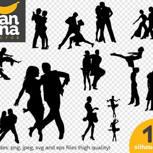 May include: Eleven black silhouettes of couples dancing, with the text "11 silhouettes" in the bottom right corner.