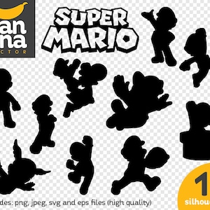以下が含まれることがあります： スーパーマリオのキャラクターのシルエットが11個、黒と白で描かれています。マリオ、ルイージ、キノコ、クッパなどです。画像の上部には「SUPER MARIO」という文字があります。