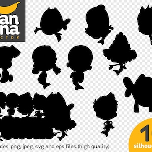 May include: Black silhouette vector set of 10 cartoon characters, including a dog, mermaids, and other figures. The image includes the text "banana vector" and "10 silhouettes". The files include png, jpeg, svg and eps files.