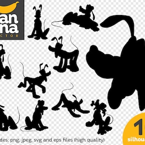 May include: Ten black and white silhouette illustrations of a cartoon dog in various poses. The dog is a bloodhound with long floppy ears and a long snout.