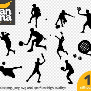May include: Silhouettes of 17 people playing paddle tennis. The players are in various poses, some holding paddles, others hitting the ball. There are also a few balls scattered on the court.