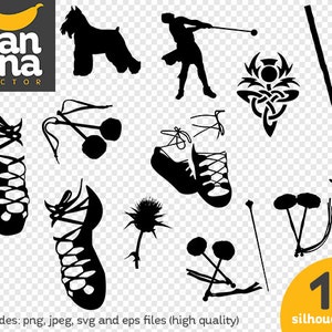 Puede incluir: Un conjunto de 11 ilustraciones en silueta en blanco y negro que representan varios iconos culturales escoceses, incluyendo un kilt, una gaita, un cardo, un bailarín escocés, un perro y un par de zapatos ghillie.