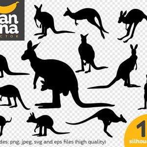May include: A collection of 12 black kangaroo silhouettes in various poses. The image includes the text "banana vector" and "12 silhouettes". The file formats included are PNG, JPEG, SVG, and EPS.