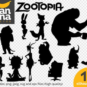 May include: A set of 12 black silhouette images of characters from the animated movie Zootopia. The characters include Judy Hopps the rabbit, Nick Wilde the fox, Chief Bogo the buffalo, Flash the sloth, and more.