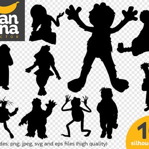 May include: Ten black silhouette images of various characters, including a frog, a monster, and a person. The image includes the text "10 silhouettes".