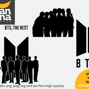 Op de afbeelding: Zwart-wit silhouetten van een groep mensen, de letters "BTS" en een logo. De afbeelding bevat de tekst "BTS, THE BEST" en "3 silhouetten". De afbeelding bevat ook de tekst "Includes: png, jpeg, svg and eps files (high quality)".