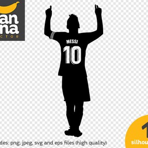 Peut inclure: Silhouette d'un joueur de football levant les deux bras en signe de célébration. Le joueur porte un maillot avec le nom "Messi" et le numéro "10" au dos.