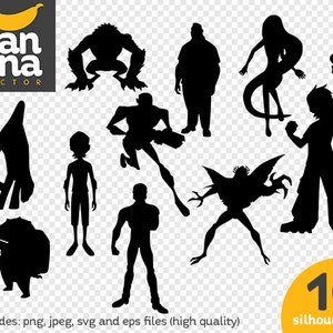 May include: Ten black silhouettes of various characters, including a monster, a woman, a man, and a creature with wings. The silhouettes are on a transparent background.