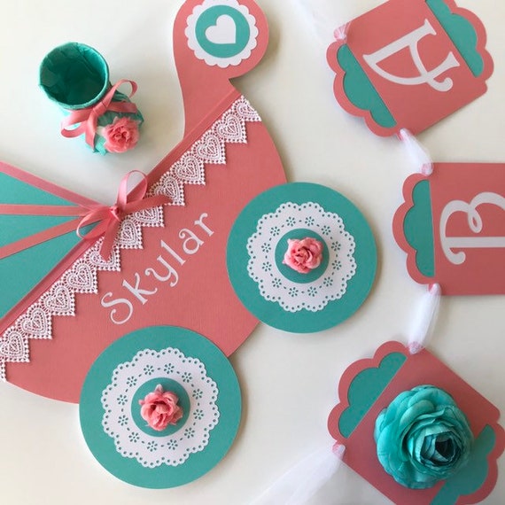 Coral And Teal Baby Carriage Buggy Baby Shower Wall Etsy