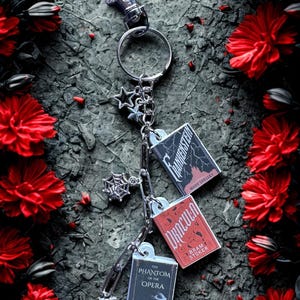May include: A silver keychain with a lobster clasp, a ring, and charms. Charms include a star, a spiderweb, and miniature book covers for "Frankenstein," "Dracula," and "The Phantom of the Opera."