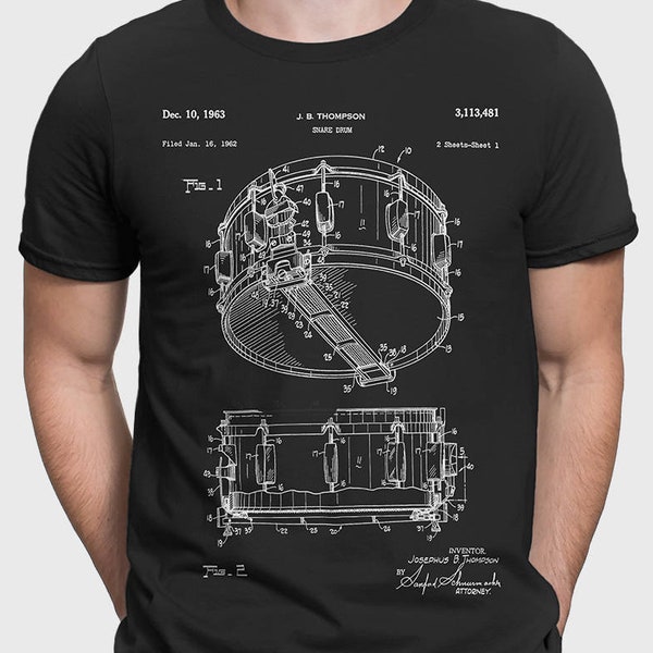 T-shirt de caisse claire, T-shirt de batteur, chemise brevetée, cadeau de batteur pour cadeau de musicien, T-shirt de musique, chemise de batterie à percussion P111