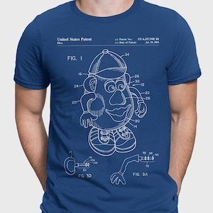 May include: A blue t-shirt featuring a white outline of a Mr. Potato Head toy patent drawing. The drawing includes the text "United States Patent", "FIG. I", "FIG. 3D", and "FIG. 3A".