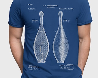 May include: A blue t-shirt with a white vintage patent drawing of a bowling pin. The patent drawing is titled "F. G. Dokkenwadel. Bowling Pin." and the patent number is "No. 632,871." The patent date is "Patented Jan. 22, 1895."