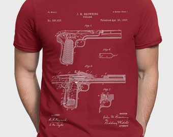 Browning Pistol Patent T-Shirt, Firearms Fan Gift For Gun Enthusiast, Gun Gift For Husband, Man Cave Shirt, Shooting Range Gift P215