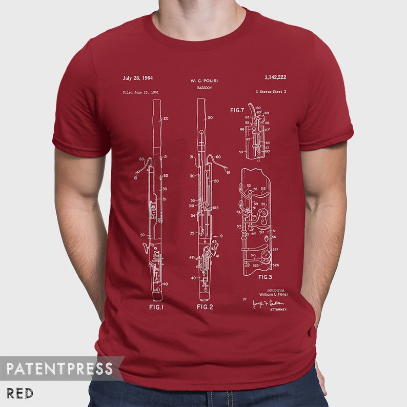 Bassoon T-Shirt Gift For Bassoonist, Bassoon Woodwind Orchestra Musician, Bassoon Teacher, Music Teacher, Patent T-Shirt P232 image 3