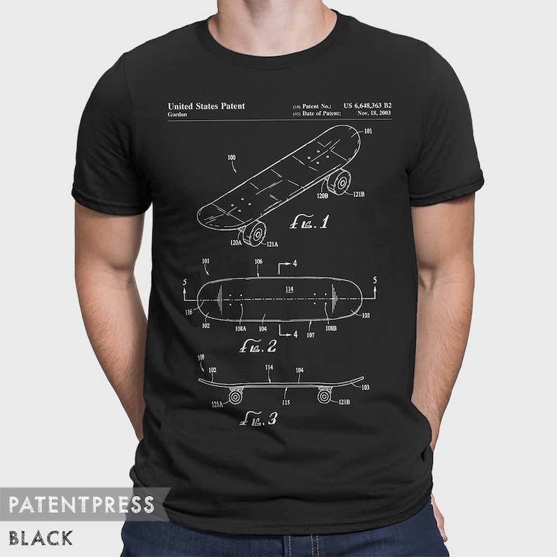 May include: A black t-shirt with a white graphic of a skateboard patent design. The patent number is US 6,648,363 B2 and the date of the patent is Nov. 18, 2003. The text "United States Patent" and "Gordoa" are also included in the graphic.