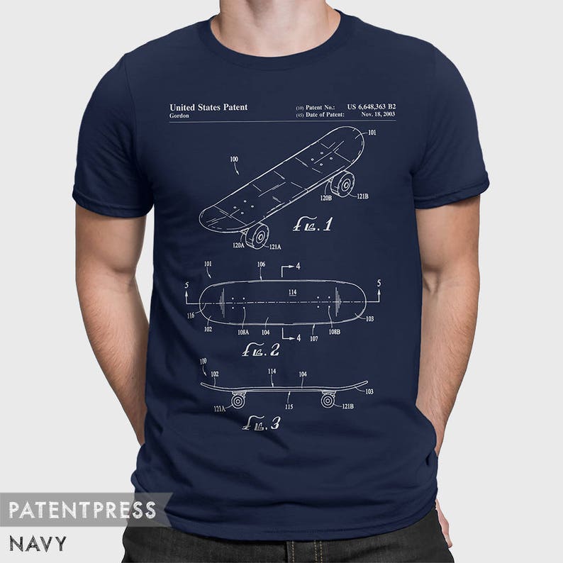 May include: A navy blue t-shirt with a white graphic of a skateboard patent design. The patent number is US 6,648,363 B2 and the date of patent is Nov. 18, 2003. The text "United States Patent" and "Gerdoa" are also included in the graphic.