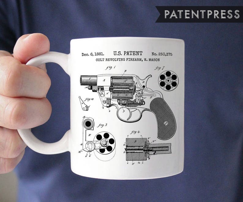 May include: White ceramic mug with a black and white illustration of a Colt Revolving Firearm patent from December 6, 1881. The patent number is 250,375. The text "U.S. PATENT" and "COLT REVOLVING FIREARM, W. MASON" is printed on the mug.