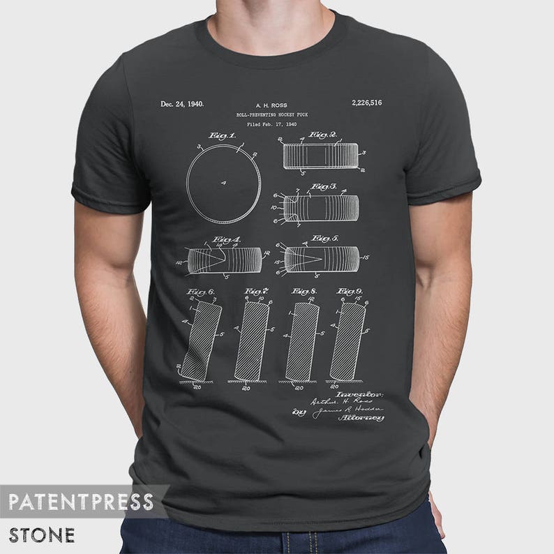 May include: A black t-shirt with a white print of a patent design for a "Roll-Preventing Hockey Puck". The patent number is 2,226,516 and the date is December 24, 1940. The text "Inventor: A.H. Ross" and "Attorney: James N. Houck" are also included in the print.