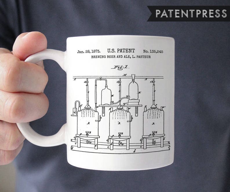 May include: White ceramic mug with a black and white illustration of a patent for brewing beer and ale. The patent is dated January 28, 1873 and is numbered 135,245. The patent is by L. Pasteur.